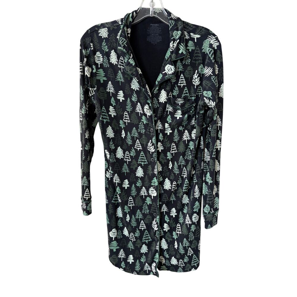 MeUndies Sz S Modal Button Down‎ PJ Dress Long Sleeve Tree Christmas Print